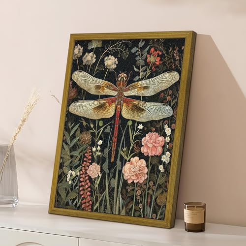 Framed Hand Drawn Sandstone Dragonfly Wall Art, Vintage 3D Textured Nature Botanical Wall Decor Pictures, Pink Flowers Print Painting for Living Room Kitchen Home Decor 16x24inch by Yaneiro - Used condition - Image 2