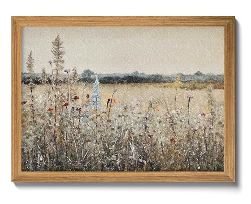 Vintage Landscape Wall Art, 3D Textured Nature Rustic Farmhouse Wall Decor Painting, Hand Drawn Sandstone Country Wildflowers Artwork Picture for Living Room Bedroom 12x16 Inch Framed