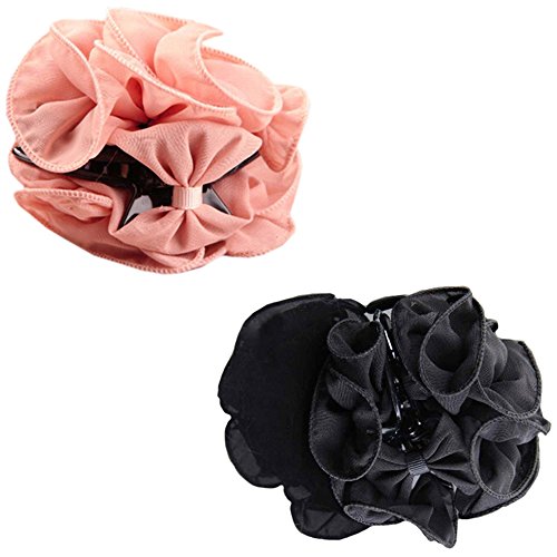 Polytree 2pcs Women's Chiffon Rose Flower Bow Hair Clip (Black Pink)
