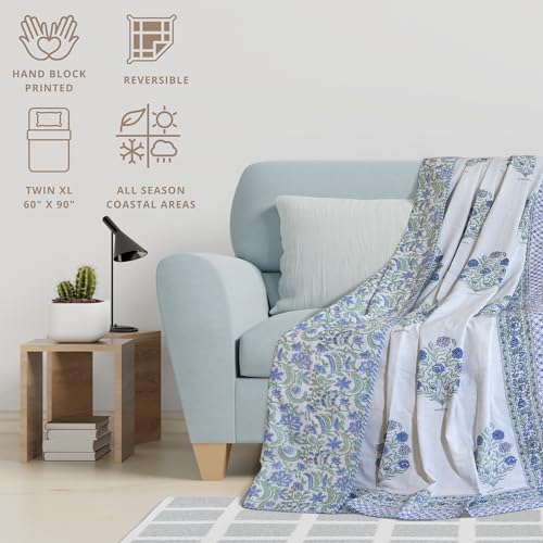 Image of TOAIArt Premium Jaipuri Dohar | AC Blanket Summer Quilt | Hand Block Printed | 3 Layers | Reversible | 150GSM 100% Mulmul Cotton | 100% Cotton Flannel Filling | Single 60 inch X 90 inch |Mughal Motif