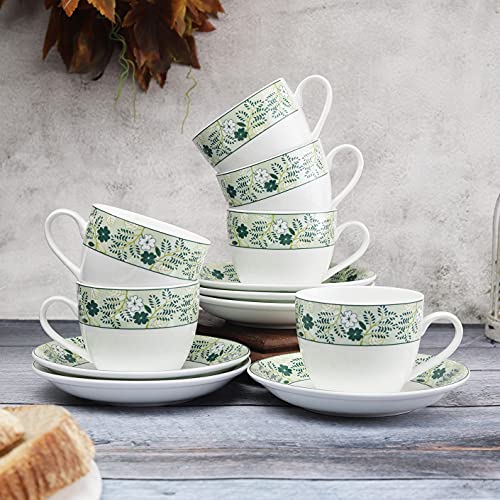 Image of Clay Craft Fine Ceramic Cup and Saucer Set of 12 (6 Cups + 6 Saucers)-220ml Each -Can be Gifted to Brother,Sister, Father,Mother, Couples on Any Festival /Occassion., Green, Medium (CC-CS12-CREAM-S343)