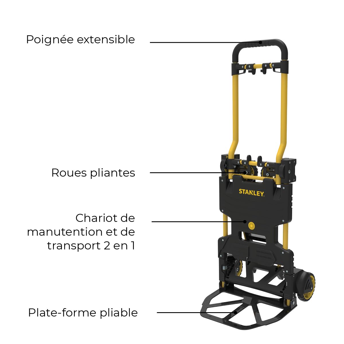 Stanley 2 en 1 Chariot Pliable SXWTD-FT585 - Chariot de Transport Capacité 137 KG - Plateforme Pliable - Multifonctionnel - Noir/Jaune