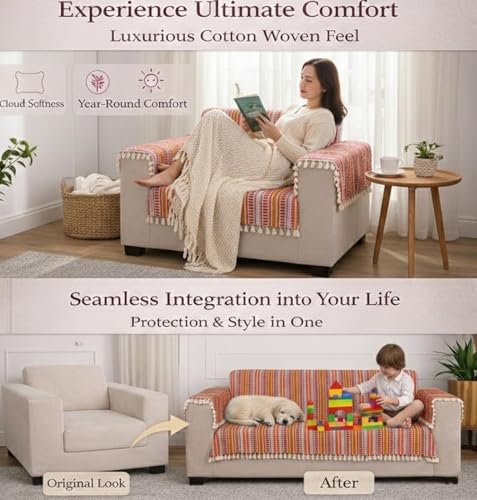Image of STITCHNEST Woven 1 Seater Sofa Protector with 2 Hand Rest Covers - Red & White Stripe Design - Washable Fabric with Tassels - Stylish Sofa Cover for Modern Living Room & Furniture Decor