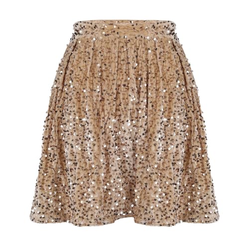 Womens Sequin Skirt Stretchy High Waisted Skirt Sparkly Pleated Midi Skirts A-line Ruffle Hem Casual Party Skirts4