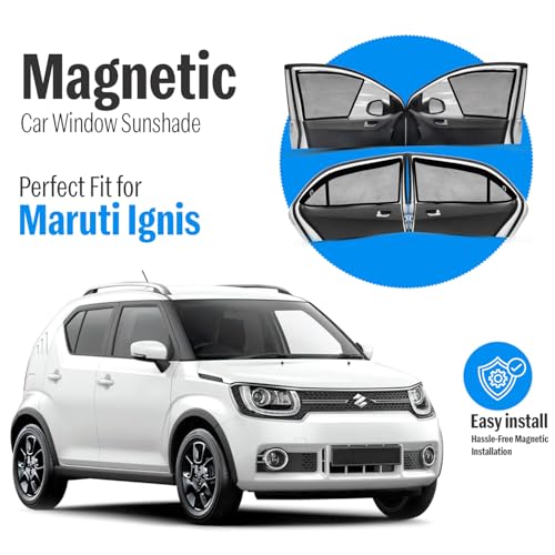 Image of Autofact Magnetic Car Sunshades Compatible with Maruti Ignis (Set of 4) - Easy Installation, UV Protection, Keeps Car Cool (Front 2 Half-Cut for Side Mirror Visibility, Rear 2 with Zippers)