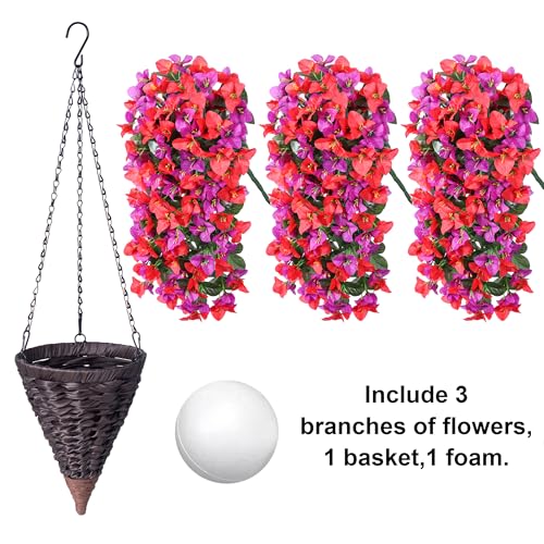Image of INSPRING Artificial Bougainvillea Faux Flowers Plants Baskets for Outdoor Outside Decoration, 3PCS Fake Silk Flowers Long Trailing Vines UV Resistant Realistic for Front Door Porch Patio (PurpleRed)