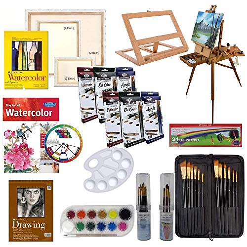 Artist Painting Set W/Table-Top & Full Easel, Art Painting Brushes, Paint Tubes, Painting
