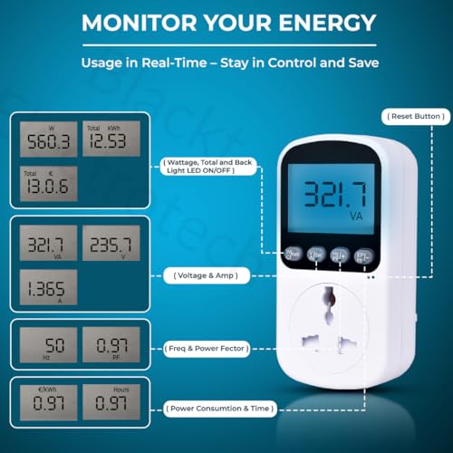 Image of Blackt Electrotech (BT72PM) 2PIN Digital Electricity Usage Monitor Plug - Power Meter with LCD Display for Watts, Voltage, Amps, and Energy Cost Calculation 230 Volt