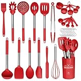 33PC Silicone Cooking Utensils Set -Kitchen Cooking Utensils Set, Non-Stick Kitchen Utensils with Spatula,Kitchen Tools Gadgets with Stainless Steel Handle (Red)