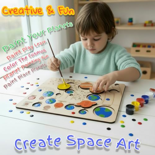 Image of BAGJI TOYS Solar System DIY Painting Puzzle Kit for Kids, Wooden Educational Craft Set with 10 Planet Cutouts, 12 Paints, Brush and Information Leaflet, Size 30x20 cm (Science Fiction)