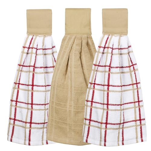 Image of Ritz Premium 100% Cotton Solid and Multi Check Kitchen Tie Towel Absorbent, Super Soft, and Fast Drying Hang Towel, Set of Three, Biscotti