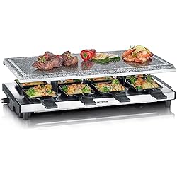 Sartenes Allstone SEVERIN Raclette-Grill con piedra natural, parrilla eléctrica de sobremesa, raclette para 8 personas con placa de parrilla grill y 8 sartenes, plástico/acero inoxidable, negro, RG 2374