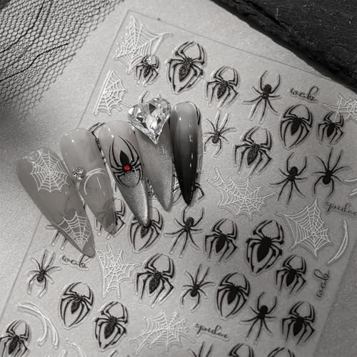 Horror Spider Nail Art Stickers - 5D Embossed Luxury Nails Decals, Scary Gothic Design, Black White Spider Web, Manicure Decoration Accessories, 2 Sheets