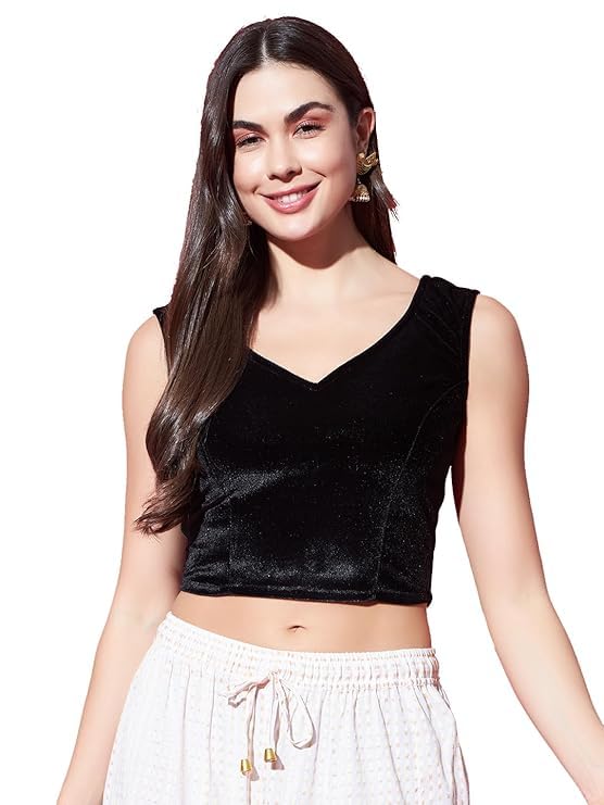 Women Velvet Stretchable Sleeveless Saree Blouse with V Neck Front and Back-picture-42