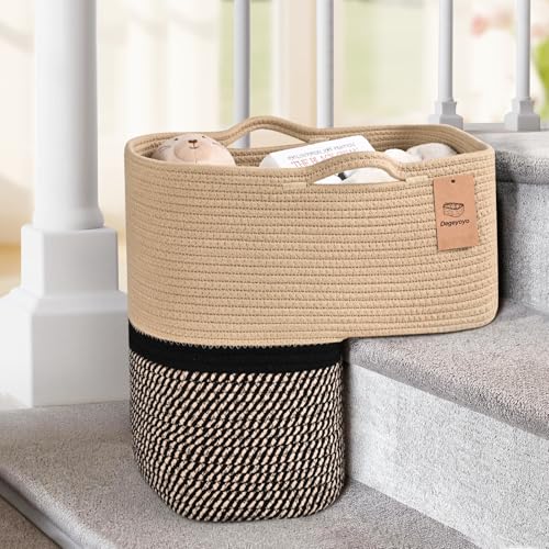 Image of Woven Stair Basket, Stair Baskets for Wooden Stairs, Carpeted Stairs Storage Basket with Handles, Staircase Baskets for Toys, Books, Black, 15 inch L x 10 inch W x 15 inch H