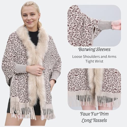 Women Leopard Tassels Faux Fur Shawl Coat Casual Batwing Sleeve Artificial Fur Collar Cloak Outwear for Winter Fall2