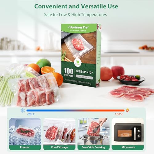 Image of Beelicious Pro Precut Vacuum Sealer Bags for Food Storage 100 Count 8 inch x 12 inch with BPA-Free, Heavy Duty, Commercial Vacuum Seal Bags for Sous Vide & Seal a Meal