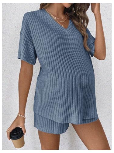 Image of MakeMeChic Women's Maternity 2 Piece Outfits Summer Short Sleeve Rib Knit Tee Top and Short Lounge Sets Clothes