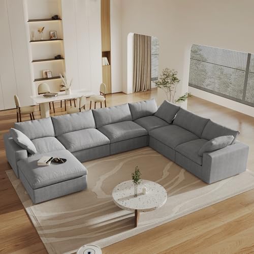 Image of 160 inch Cloud Couch Modular Sectional Sofa for Livingroom,Oversized Convertible Sofa with Storage Ottomans,7 Seat Wide Couches,Cushion Covers Removable,Gray
