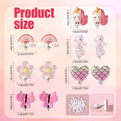 6 Pairs Clip on Earrings for Girls with 12pcs Ear Pads, Butterfly Rainbow Flower Unicorn Clip on Earrings Non Pierced Earrings Kids Earrings Girls Dress up Jewelry Gifts2