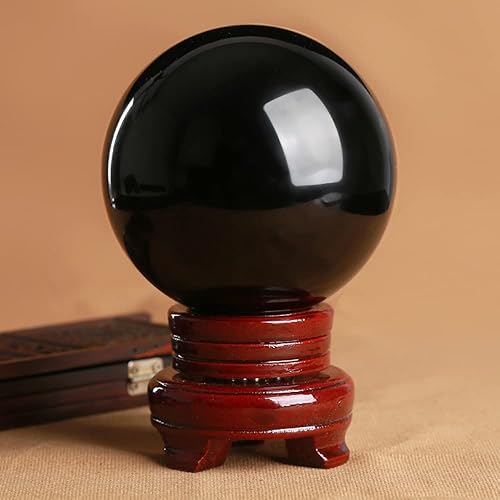 Loverain Esfera pequeña de bola de cristal de obsidiana negra con soporte de madera decorativo para meditación, curación, Feng Shui (2.36 pulgadas)