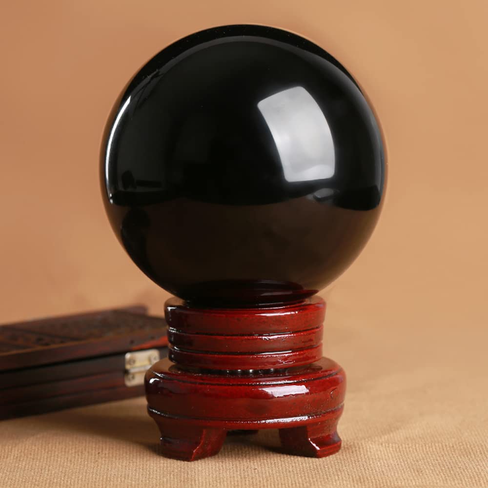 Loverain Small Black Obsidian Crystal Ball Sphere with Decorative Wooden Stand for Meditation, Healing, Feng Shui (60mm / 2.36 in)