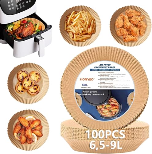 HONYAO Backpapier für Heißluftfritteuse XXL 6,5-9 L, Rund 23 cm 100 Stück Pergamentpapier Airfryer Liners, Einwegartikel Paper Zubehör für Ofen und Air Fryers