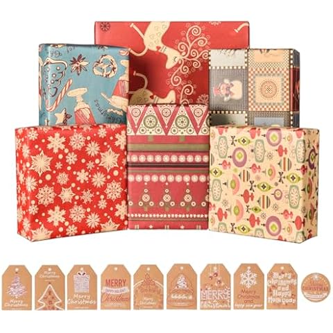 SmoTecQ Christmas Gift Wrapping Paper, Made from Recycled Kraft Paper, 10 Pack 70X50CM Folded Sheets with 10 Gift Tags Cover