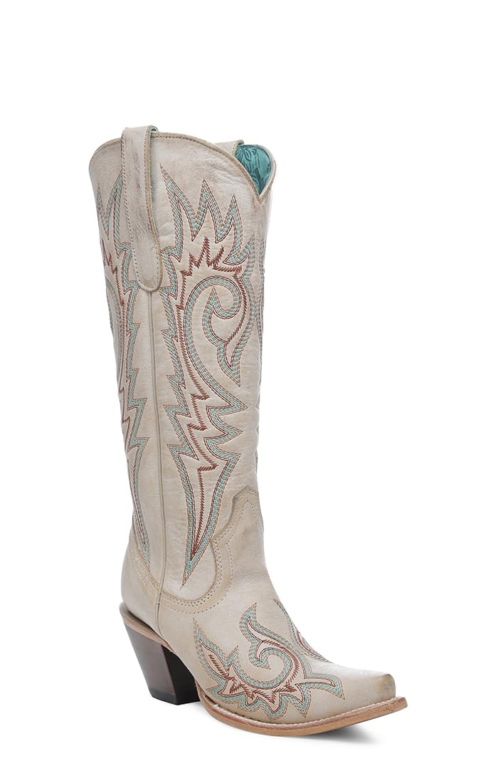 Corral Boots Womens Embroidered Snip Toe Pull On Casual Boots Knee High Mid Heel 2-3" - Beige - Size 8 M