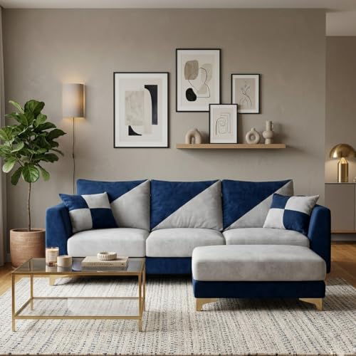 Image of Juliet Rich 4 Seater L Shape Sofa Set with Movable Ottomans | Flexible Layout | Velvet Suede Fabric | Golden Aesthetic Legs | Dual Tone Modern Sofa for Living Room (Dark Blue-Light Grey)