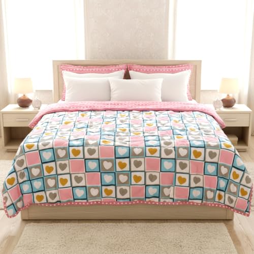Image of BENAVJI Single Bed Comforter, Reversible Soft Microfiber AC Comforter, All Season Lightweight Quilt Blanket, Pink Heart Check
