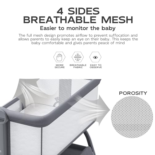 Image of BabyBond Baby Bassinet, 3 in 1 Bassinet Bedside Sleeper with Washable Soft Mattress and Sheet, 6 Height Adjustable Bedside Crib, 4-Sided Mesh Bedside Bassinet for Baby