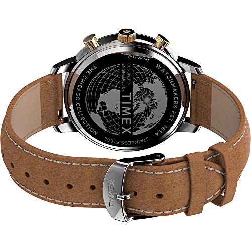 Image of Timex Men's Chicago Chronograph 45mm Watch - Blue Dial Two-Tone Case with Brown Leather Strap