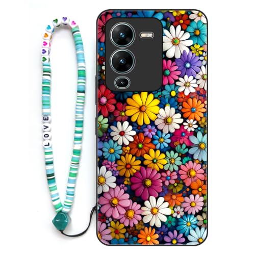 Sinyunron Funda Compatible con Vivo V25 Pro 5G Carcasa 2 en 1 Protección Completa con Dibujos Estética Estampado,Anti-Choques y Anti-arañazos Caso+1×Pulsera de Colores,Margaritas-02