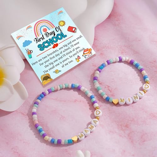 First Day Of Kindergarten Bracelet For Mommy and Me, Back To School 2Pcs/Set Letter Heart Flower Pendant Colorful Beads Silicone Gift Jewelry3