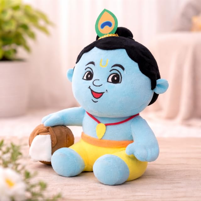 Image of AVSHUB Hindu Idol Soft Plush Toy | Devotional Hindu God Krishna with Makhan Pot for Kids | Religious Stuffed Toys for Boys & Girls | Toy for Car Dashboard, Temple & Gifting (25cm)