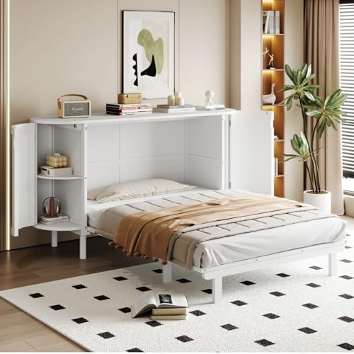 PUGSDRLY Lit Escamotable 140x200cm,Lit Mural Pliant 2 Personnes avec Rangement,Sommier à Lattes,Design Rotin,pour Adulte Adolescent,sans Matelas (Blanc)