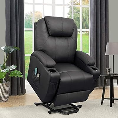 Flamaker Electric Power Lift Recliner Chair PU Leather for Elderly with Massage and Heating Ergonomic Lounge Chair for Living Room Classic Single Sofa with 2 Cup Holders Side Pockets Home Theater Seat from Flamaker