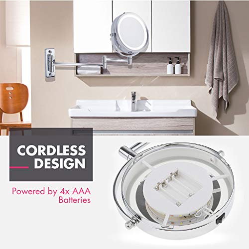Sharplace Round Double-Sided Swivel Wall Mount Vanity Mirror LED Lighted with 5x Magnification Extension Pole for Counter Home Bathroom Shaving Makeup