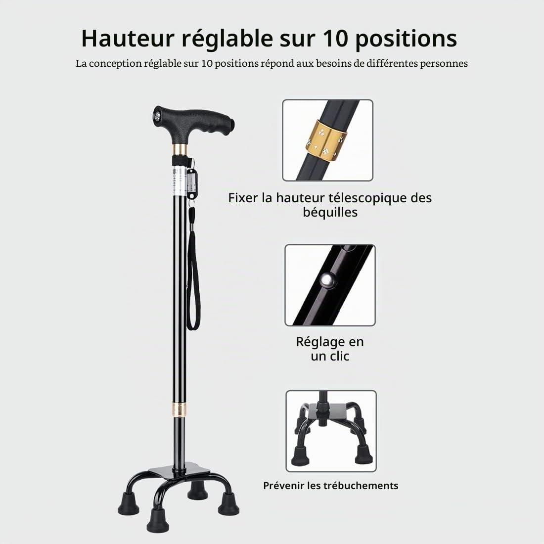 Bâtons de marche pour seniors, Bâton de marche antidérapant avec longueur réglable pour personnes âgées, avec base ultralégère à 4 pieds