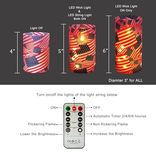 Image of Patriotic Flickering Flameless Candles Stars and Stripes US Flag, Embedded Star String Lights, Battery Operated Acrylic LED Pillar Candles with 11-Key Remote and Timer for Home Decoration, 3 Pack