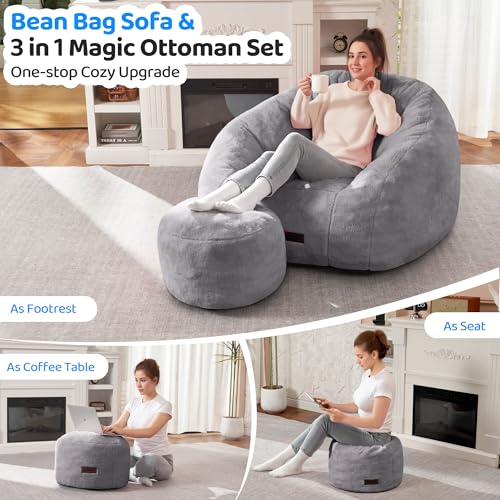 Image of HABUTWAY Bean Bag Chair, Giant Bean Bag Chairs for Adults with Ottoman, Comfy Faux Fur Shell-Shaped Bean Bag Couch, Sofa Chair for Living Room, Bedroom, Grey