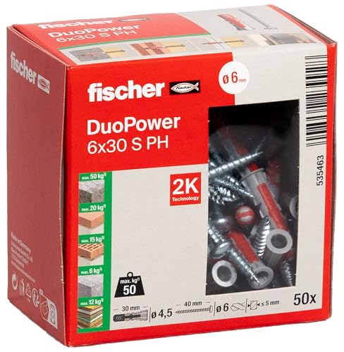 fischer DuoPower 6 x 30 S PH Universaldübel mit Panheadschraube 2-Komponenten-Dübel Kunststoffdübel zur Befestigung in Beton Ziegeln Stein Gipskarton uvm. 50 Dübel + 50 Schrauben