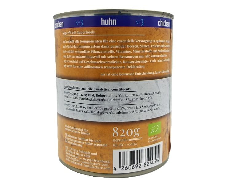 My Nassfutter Bio-Huhn mit Bio Süßkartoffel, Bio Rote Beete, Bio Apfel und Bio Birne 820g Dose mÿ Hundefutter ohne Konservierungsstoffe, künstliche Aromastoffe und Farbstoffe & Lockstoffe