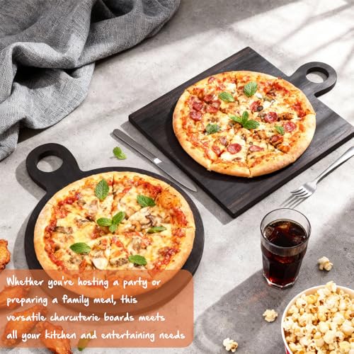 Image of 2 Pcs Acacia Wood Cutting Board with Handle 16'' Square and Round Charcuterie Chopping Board for Pizza Cheese Meat Decorative Black Wooden Serving Tray for Kitchen and Dining Room