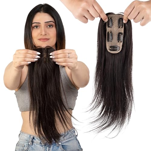 Image of Capilus 100% Human Hair Extensions for Women, Clip in Scalp Topper /Hair Topper, Silk Based- (2X5 inch, 22 Inches, Natural Black)