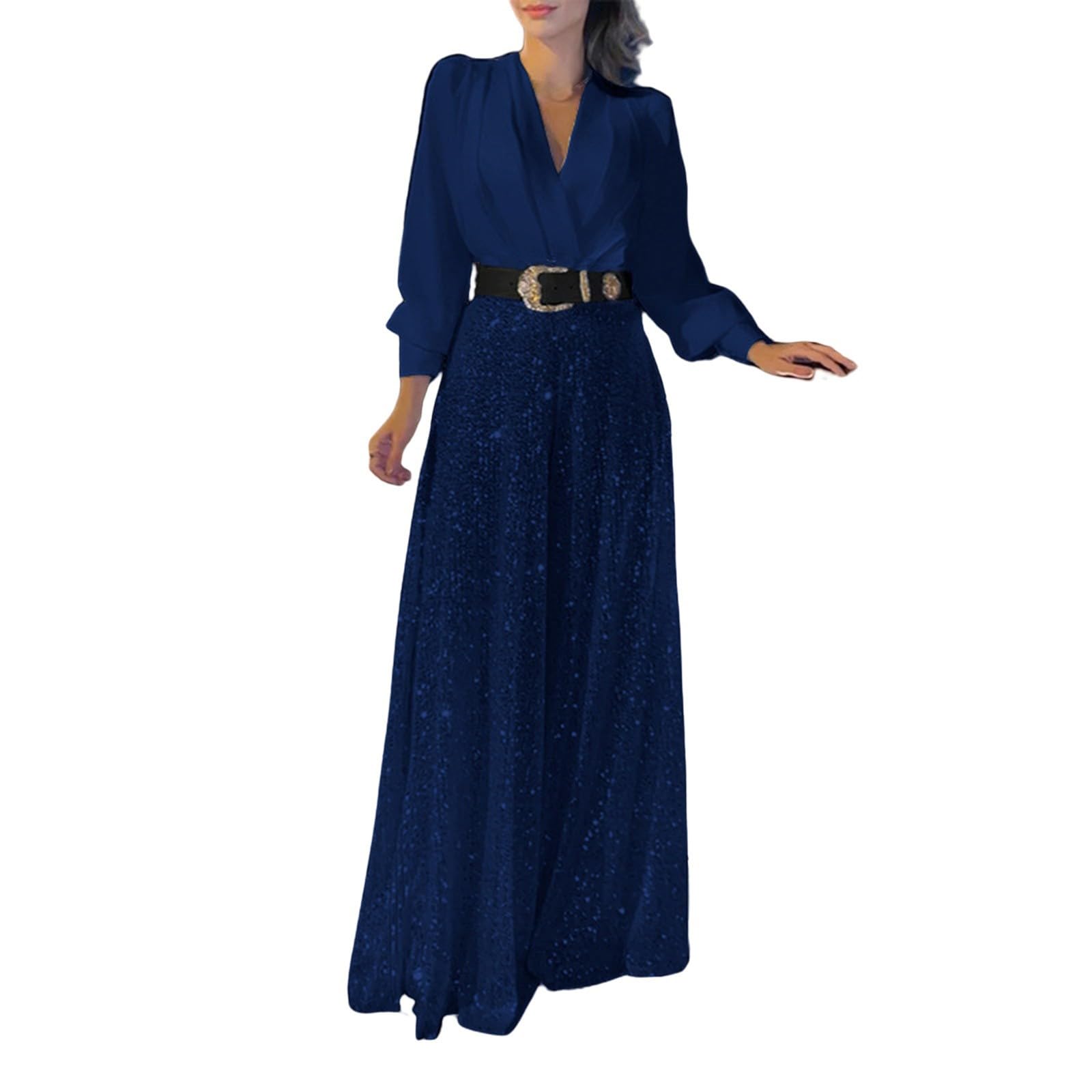 Vestido brillante para mujer, largo en V, vestido de cóctel, manga larga, vestido de fiesta, vestido de lentejuelas, con cinturón, corte ajustado, vestido de fiesta, elegante, vestido festivo, mono