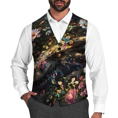 Dragon Gothic Floral Men's Suit Vests Business Formal Dress V-Neck Waistcoat Tops with 2 Pockets
