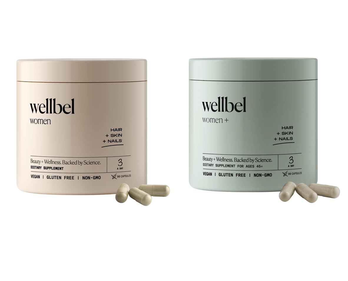 WELLBEL Women and Women+ Bundle Clean Supplement for Hair, Skin, and Nails, Vegan, Gluten Free and Non GMO 90 Count