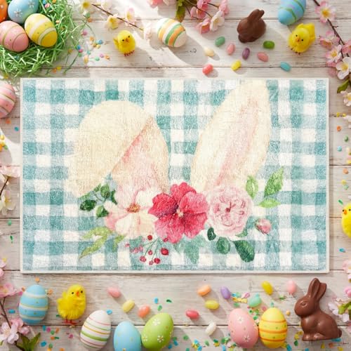 Drydiet Easter Bathroom Rugs Easter Bunny Bath Mat Shower Non Slip Absorbent Cute Bath Mat Washable 20x32 Inch Spring Bathroom Rugs for Kitchen Front Door Bedroom Home Decor